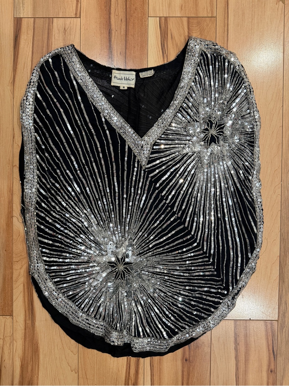 Frank Usher Art Deco Sequin Beaded Top Silver Sequin & Beads 100% Black Silk S - Picture 3 of 15